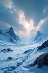 Fototapeta premium A stark, frozen landscape under a dramatic, swirling rime-covered sky Perfect for winter, cold, arctic, and atmospheric imagery Ideal for fantasy or science fiction settings , landscape, fantasy