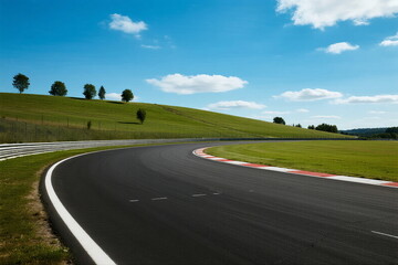 Smooth asphalt racing track curving through green countryside