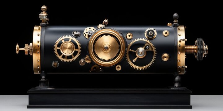 A steampunk-inspired mechanical device with intricate gears and a black and gold finish, showcasing craftsmanship and vintage design.