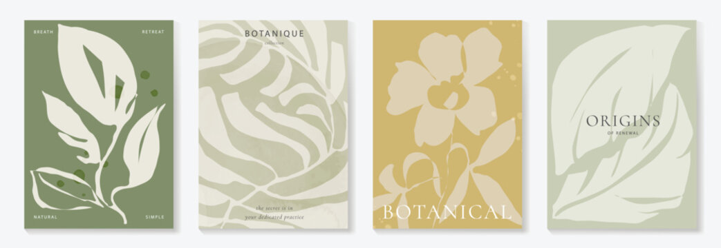 Abstract botanical poster vector set. Leaves, flower in earth tone colors. Illustration design for Eco packaging, interior, cover, wall art, wallpaper. - Powered by Adobe