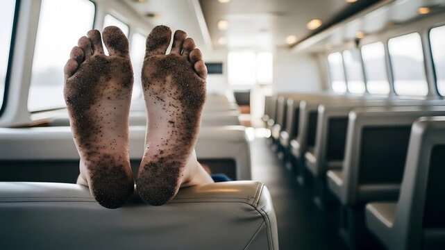 Dirty sandy soles resting on ferry seat after travel