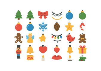 Naklejka premium colorful flat vector icons Trees (Decorations) ribbon bow silver garland gold garland red bauble blue bauble green bauble snowflake ornament pinecone ornament candy cane gingerbread man.
