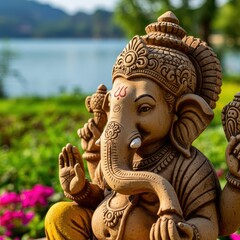 Fototapeta premium A statue of god Ganesha sitting in green grass with blurred flowers in background for festival celebration of Ganesh Chaturthi. Banner, poster, greeting card for religious Ganesha festival.