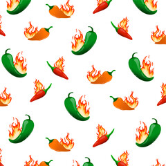 seamless background with peppers. Seamless Pattern background of Red Chili Pepper with Fire Flames. Hot Chilli Taste. Spicy Food. Hand drawn. Vector illustration.