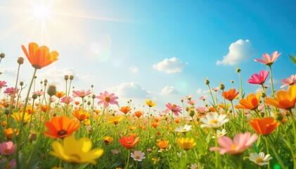 Obraz premium A sun-drenched, vibrant field of wildflowers swaying gently in the breeze, representing the carefree joy and simple pleasures of life , summer, blooming