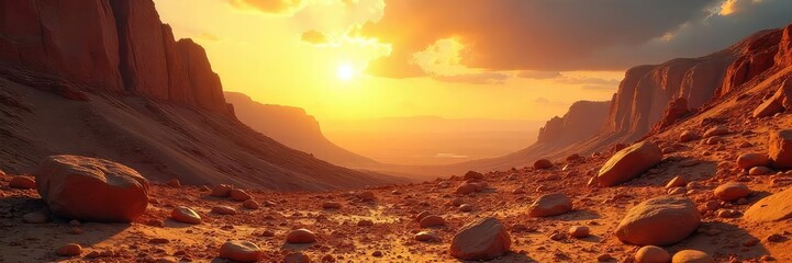 Naklejka premium A sun-drenched landscape reveals hidden dangers; sharp rocks, scorching heat, and a deceptive beauty The vibrant light contrasts starkly with the potential for harm , environment, perilous journey