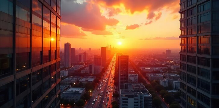 Stunning sunset view from a modern office building, casting a warm golden light across the cityscape Perfect for corporate, real estate, or architectural projects , rays, design, skyscrapers