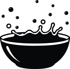 a bowl of liquid splashing upwards with bubbles and droplets silhouette vector illustration