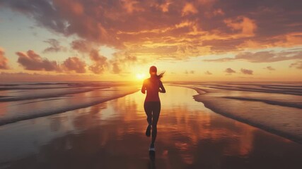 Jogging at sunrise along the beach for a healthy lifestyle and morning motivation, POV female jogging at sunrise for healthy lifestyle - Powered by Adobe