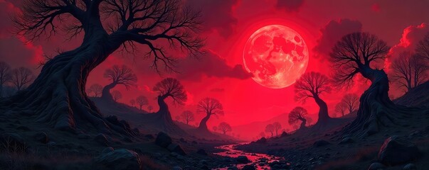 A surreal landscape of twisting, dark trees under a blood-red sky, filled with unsettling shadows and distorted forms; a nightmarish vision of a twisted, unnatural world , infernal, red, mysterious