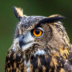 Close-up of an owl's head.  Sharp focus