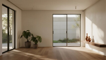 Modern bright room with large glass doors and indoor plants