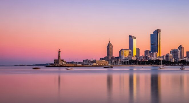 Panoramic view of a modern city skyline with a lighthouse at sunset, reflected in calm water