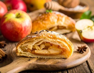 Close-up of apple pastries on a wooden board