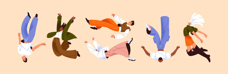 People are flying, falling upside down set. Men and women are jumping, soaring in the sky. Free girls and boys are floating in air. Freedom and inspiration concepts. Flat isolated vector illustrations