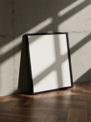 A black framed empty picture on wooden floor against concrete wall