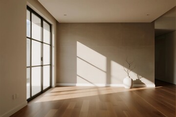 Bright and spacious modern room with large windows and wooden floors
