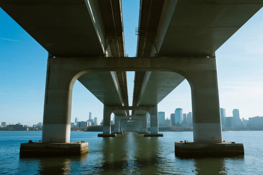 Underwater view of a modern bridge spanning over a river with cityscape in the background