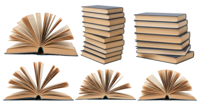 Isolated collection of hardcover books open and stacked up ready for reading and research
