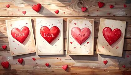 Vintage Valentine's cards on a wooden table