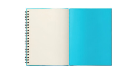 Isolated open notebook with blank pages, spiral binding, turquoise cover for mockup templates
