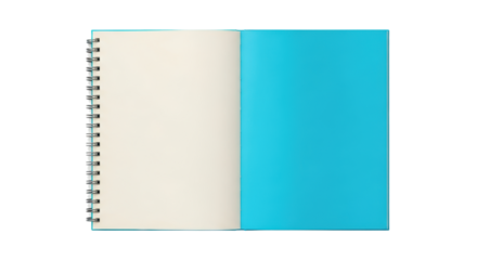 Isolated open notebook with blank pages, spiral binding, turquoise cover for mockup templates