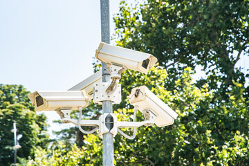 A public light pole equipped with multiple modern security and video surveillance cameras in a city park