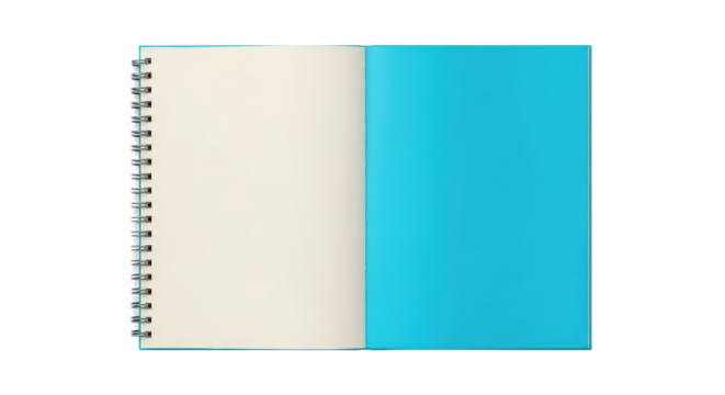 Isolated open notebook with blank pages, spiral binding, turquoise cover for mockup templates
