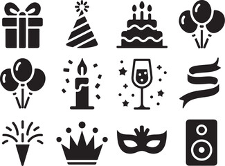 Celebrate joyfully with party icons: cake, gifts, balloons