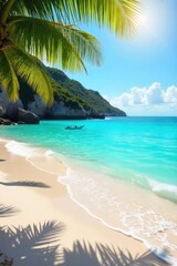 Fototapeta premium Sun-drenched beach scene with turquoise water lapping gently at the shore Perfect for summer holiday travel brochures and websites Ideal for relaxation and escape imagery , coastline, paradise