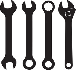  Four black and white wrenches with different head types facing different directions silhouette vector.