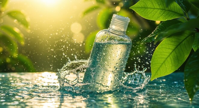 Bottle of hand sanitizer in water splash green leaves.