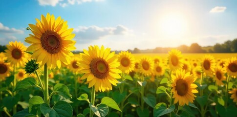 Obraz premium A vibrant field of sunflowers basking in sunlight, symbolizing the clean and sustainable power of renewable energy from nature's bounty , harvest, eco-friendly
