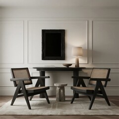 Minimalist Black Wooden Furniture with Rattan Chairs in Modern Living Room