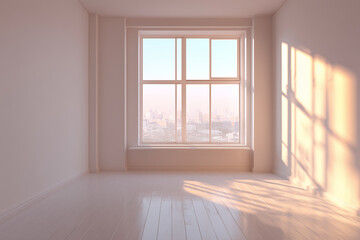 Fototapeta premium Empty Bright Room with Large Window and Sunlight 