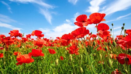 Obraz premium Red poppies in a field under a partly cloudy sky
