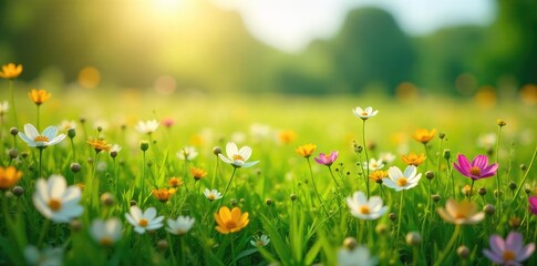 Fototapeta premium A vibrant green field of wildflowers in full bloom, symbolizing the beauty and fragility of our planet on Earth Day Perfect for environmental awareness campaigns , planet, conservation