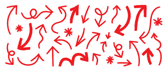 Red arrow doodle vector set. Hand draw element with curved lines, zigzag, swirl, up, down, left, right. Elements on white background for banner, decoration, street art and ads.
