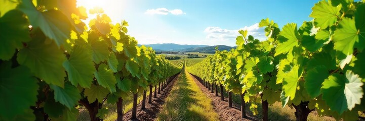 Naklejka premium Sun-drenched rows of grapevines stretching to the horizon, lush green leaves under a clear blue sky A picturesque vineyard landscape perfect for wine labels or travel brochures , winegrowing, rows