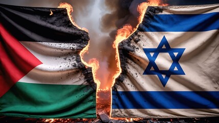 A striking visual of the Israel&ndash;Palestine conflict: a fiery chasm divides cracked flags, with flames and smoke symbolizing tension and destruction.