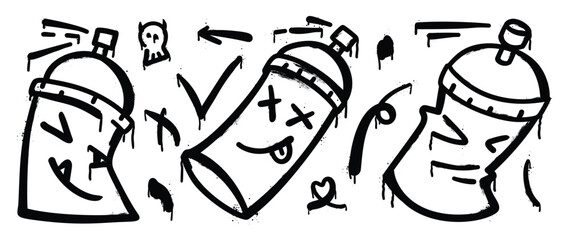 Graffiti doodle vector hand drawn black spray paint illustration with spray bottle, arrow, heart, scribble lines, dripping ink splatter. Elements on white background for banner, decoration, street art