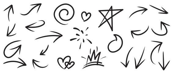 Graffiti arrow doodle vector set. Hand draw element with curved lines, zigzag, swirl, up, down, left, right, direction. Elements on white background for banner, decoration, street art and ads.