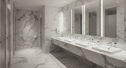 Elegant public restroom with marble details and contemporary design aesthetics