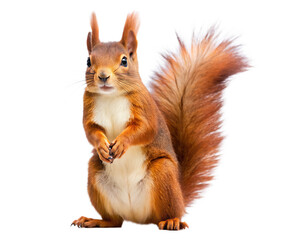  Full length view of a eurasian red squirrel standing on hind legs, isolated on  white background ,PNG. AI Generated.