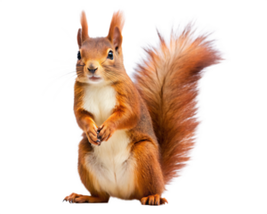  Full length view of a eurasian red squirrel standing on hind legs, isolated on  white background ,PNG. AI Generated.
