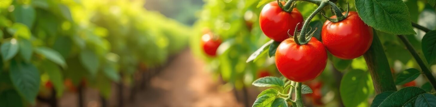 Sun-drenched tomatoes ripening on the vine, alongside basil and oregano plants in a lush Italian food plantation Rows of vibrant vegetables thrive under the warm Tuscan sun , peppers, growth