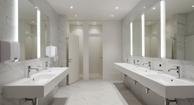 Sophisticated public restroom featuring modern fixtures and marble accents