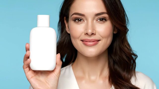 Beautiful woman holding plain white soap bottle packaging mockup on solid background
