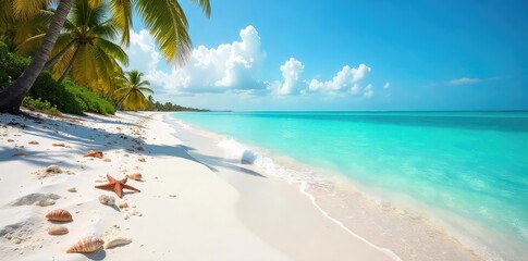 Sun-drenched white sand beach in Florida, turquoise water gently lapping the shore, seashells scattered along the tideline, a quintessential Florida paradise scene ,  seashells,  tranquil