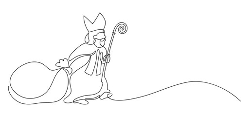 Saint Nicholas Day. St. Nicolas carries a bag of gifts. Continuous line drawing.